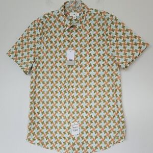 BP Hipster Shirt Short Sleeve Retro Geomtric Pattern Teal Cool-Orange Sunpatch M